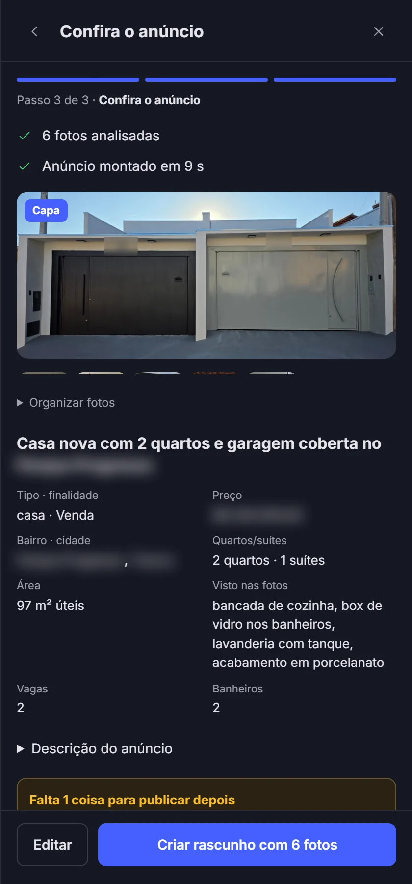 Tela do Buildnex Imob no tema escuro: 6 fotos analisadas, anúncio montado em 9 segundos, a fachada escolhida como capa e o título da casa.